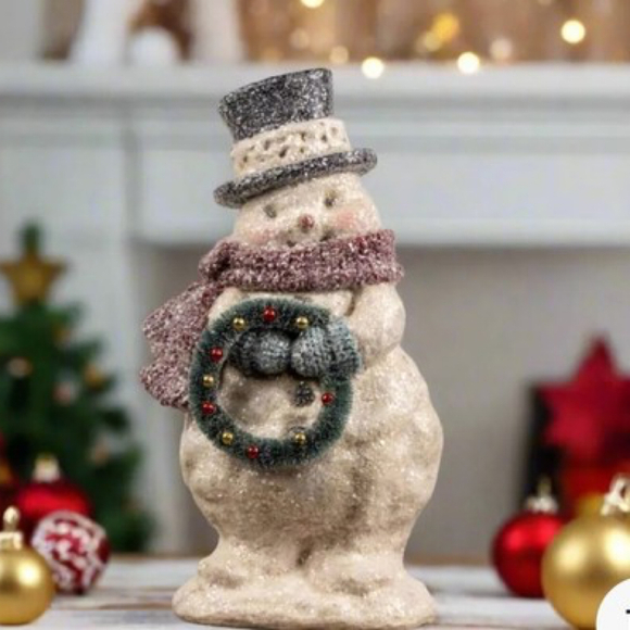 Ragon House 20” Vintage Looking Snowman w/ Holly Hat and Bottle Brush Wreath